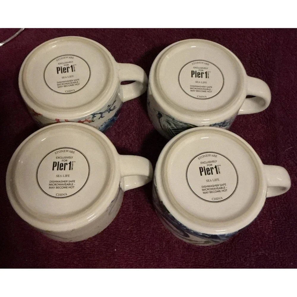 Pier 1 Sea Life 4 Stackable Mugs Set Seahorse Octopus Angelfish Crab